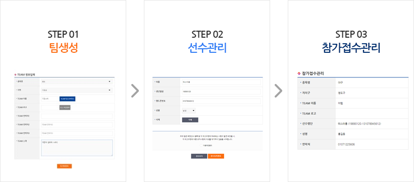 step01-팀생성, step02-선수관리, step03-참가접수관리